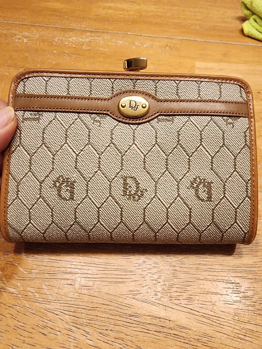 vintage Christian Dior honeycomb canvas clutch  distinctive gold-tone Kisslock